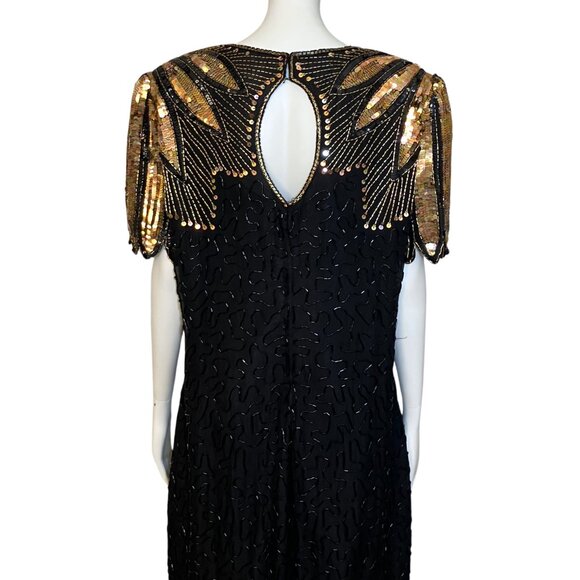 Vintage 80s 100% Silk Beaded Sequin Black Gold Cocktail Dress M/L Deco Flapper - Picture 9 of 15